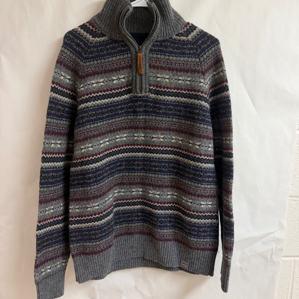 Fat Face Men‎ Fair Isle 1/4 Zip Sweater Knit Medium Gray Blue Old Money Grandpa